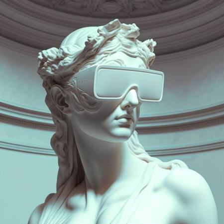 Antique statue of a woman wearing a virtual reality glasses. High quality illustrationの素材