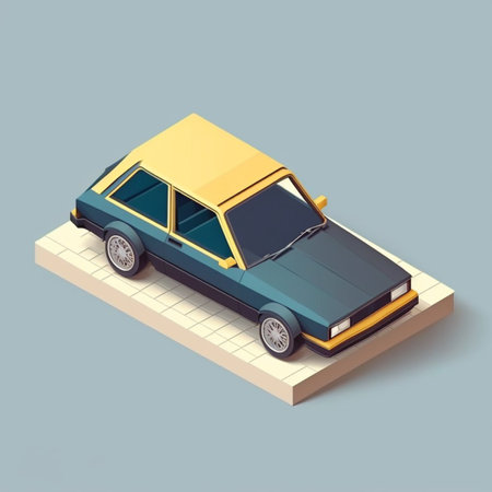 Isometric paper model of a car with a yellow top. High quality illustrationの素材