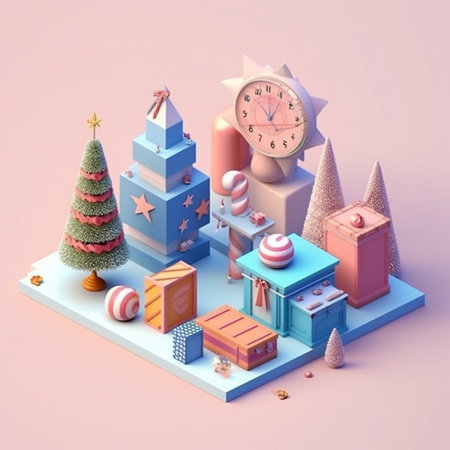 Digital isometric illustration of a clock Christmas tree and a Christmas scene. High quality illustrationの素材