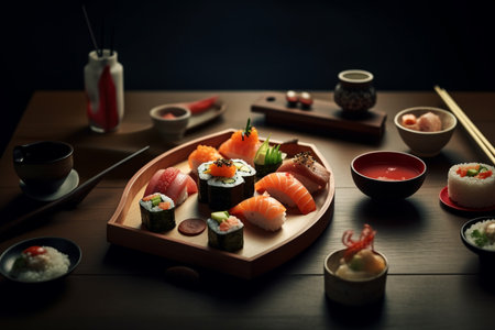 Sushi roll with salmon garlic shrimps prawn on a wooden plate with black background. High quality illustrationの素材