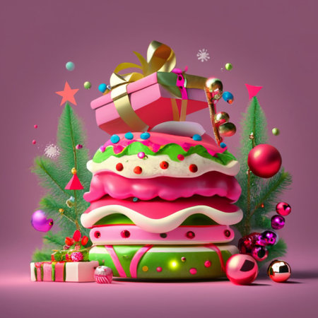 Happy New Year background. Pink Christmas cake like a burger with star and box of gifts strewn with...