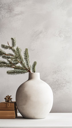 Winter composition of white pine branches, sparkles in vase on white background. Scandinavian Christmas, New Year, winter concept. Front view, copy space. High quality photoの素材