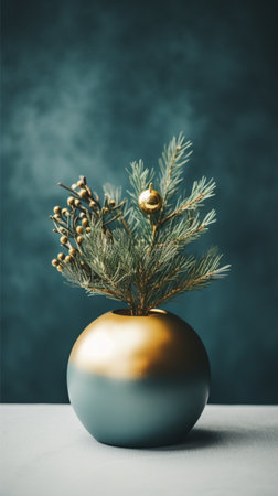 Spruce branches standing in a golden vase on the stool. Minimalist Christmas decor. High quality photoの素材