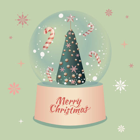 Happy New Year and Merry Christmas banner. Xmas Snowball with tree and candy cane. Glass snow globe realistic design. Festive Christmas object. Holiday poster, greeting card, vector illustration.のイラスト素材