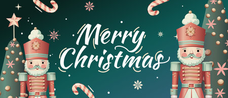 Christmas party banner with nutcracker, Xmas tree, candy stick and snowflake. Horizontal poster,...
