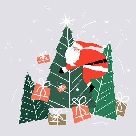 Merry Christmas and Happy New Year design or banner with cute Santa Claus climb a tree and Xmas gift boxes under tree. Vector illustration.のイラスト素材