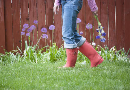 Walking in the Garden holding a cut flower in one handの写真素材