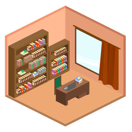 Office with library room isometric. Set of objectのイラスト素材