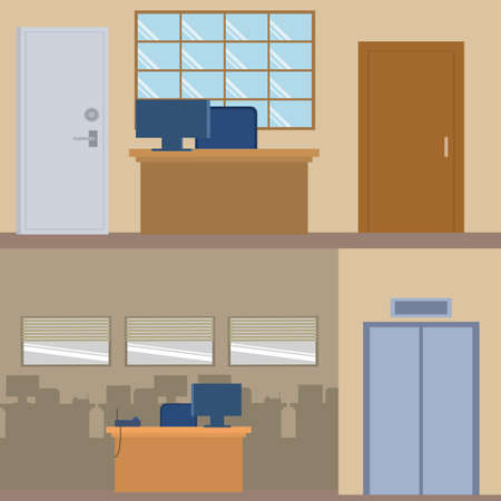 Modern office interior with table in flat design. Interior office room. Modern office room. Office space. illustration of office. Working place in modern office interior.のイラスト素材