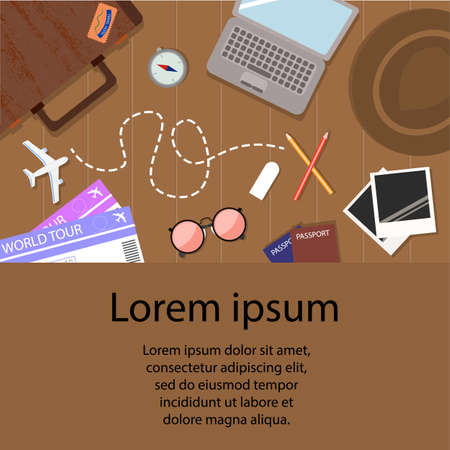 Top view of travel items on wooden table with road trip vector iconのイラスト素材