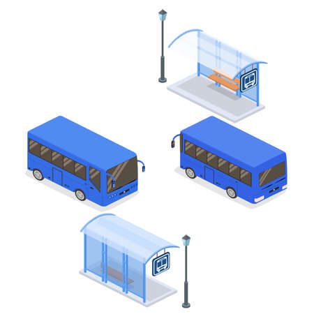 Isometric flat 3D concept vector illustration city bus stop with street light at the rear and in front. City or school bus. Set of collection.のイラスト素材