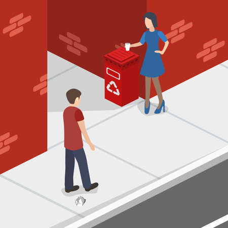 Isometric 3D concept illustration people throw garbage in the garbage canのイラスト素材
