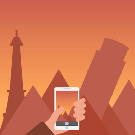 Vector illustration of human hands holding mobile phone, taking a photo - tourism, travel, landmarks.のイラスト素材