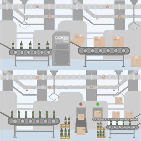 Flat design vector illustration production in the factory. Packing and shipping the goods. Inside the factory. .のイラスト素材