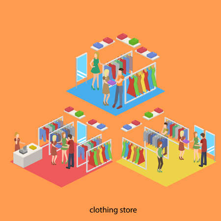 Isometric 3D vector illustration interior design customers in a clothing storeのイラスト素材
