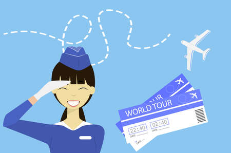 Flat vector illustration the flight attendant smiles and wished a successful way. Advertisement airlines. Traveling by plane.のイラスト素材