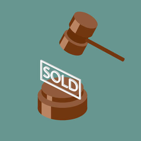 Isometric vector illustration auction and bidding concept. Sale of the lot at auction. Big auction hammer.のイラスト素材