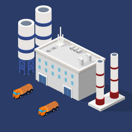 Isometric 3D vector illustration Oil plant with high-rises. A truck with an oil tanker. Warehouse with oil.のイラスト素材