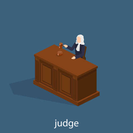 Isometric 3D vector illustration the judge conducts the trial. The hammer, the judge's wig, the table.のイラスト素材