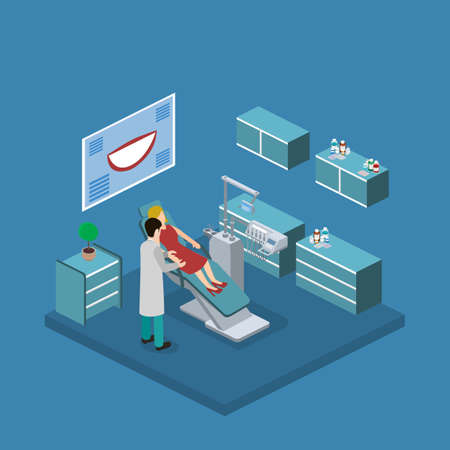 Isometric 3D vector illustration of the dentist in the dental office treats the patient. Dentist chair. Dental tools for dental treatment of patients. Medical equipment.のイラスト素材
