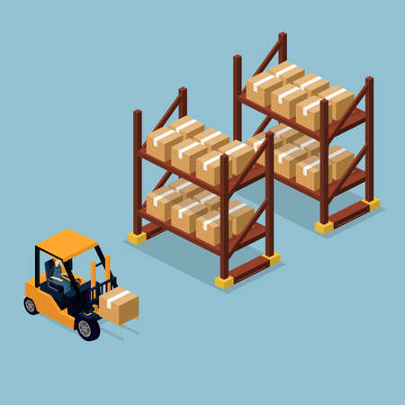 Isometric 3D vector illuctration forklift truck transportation. Warehouse shelves with boxes. Set of objectのイラスト素材