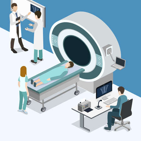 Isometric 3D vector illustration MRI scanner for patients. Diagnosis and search for the disease with magnetic radiation. The doctor scans the patient with magnetic resonance imagingのイラスト素材