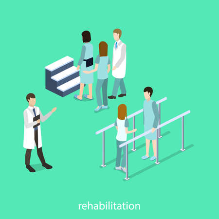 Isometric 3D vector illustration physical rehabilitation after fracture. Physiotherapist deals with treatment with a patientのイラスト素材