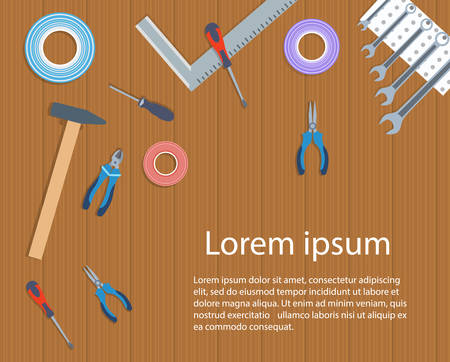 Flat vector illustration working tools on wooden top viewのイラスト素材
