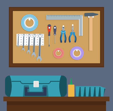 Flat vector illustration working tools on wooden top viewのイラスト素材