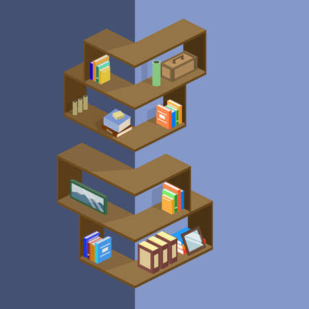 Isometric 3D vector illustration Bookshelf with piles of books. Design interior design for the arrangement of booksのイラスト素材