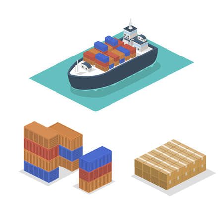 Isometric 3D vector illustration A cargo ship delivers heavy containers of goods. Set of cargo containers and boxesのイラスト素材