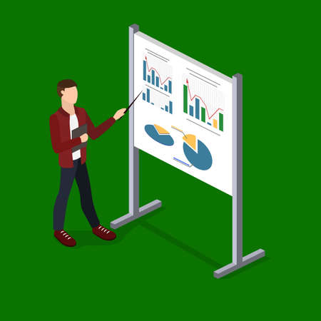 Isometric 3D vector illustration Business seminar with a presentation on marketing. Training on business. Motivational lecture for people.のイラスト素材