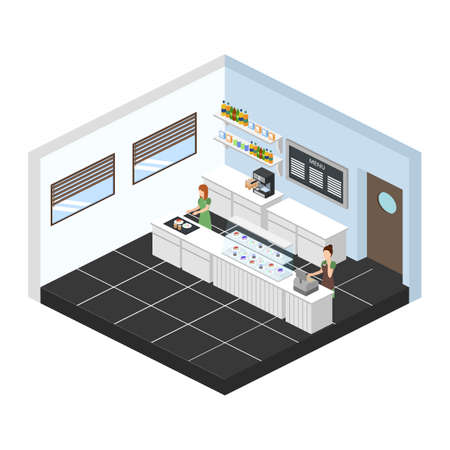 Isometric 3D vector illustration design interior coffee shop, coffee shop with waitresses and cakesのイラスト素材