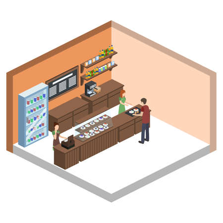 Isometric 3D vector illustration design interior coffee shop, coffee shop with waitresses and visitorsのイラスト素材