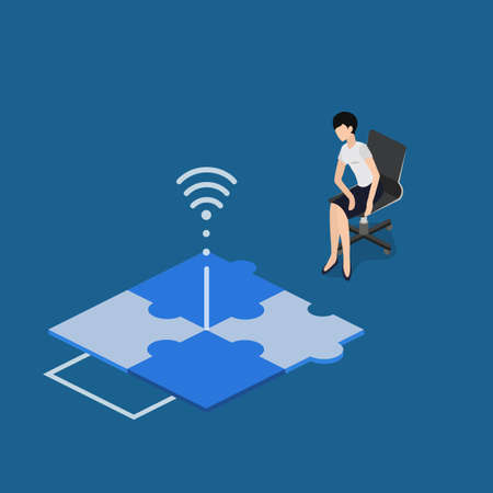 Isometric 3D vector illustration concept communication via the Internet. The guiding person is watching the order. Contactless communication of employees. Observation at a distance.のイラスト素材