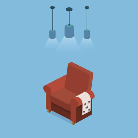 Isometric 3D vector illustration design interior armchair with plaid under bright blue lamps. Set of object.のイラスト素材