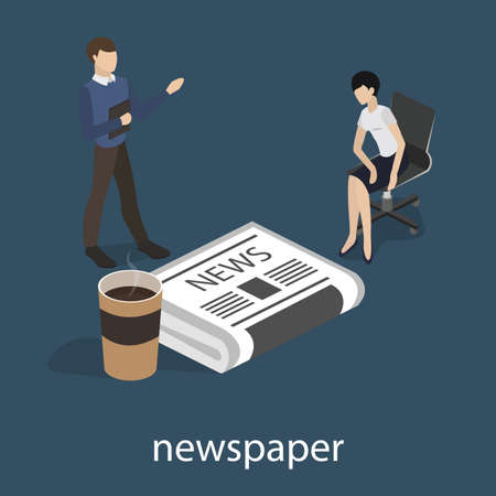Isometric 3D vector illustration concept journalists or businessmen discuss the morning news. Aspiration to get on the front page of news. A cup of coffee or tea with a newspaper.のイラスト素材