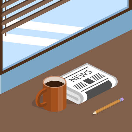 Isometric 3D vector illustration concept a cup of coffee or tea with a newspaper. Fresh news and a hot drink nearby. A collection of mug objects, a newspaper and a pencil standing next to a window on the tableのイラスト素材