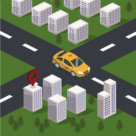 Isometric 3D vector illustration concept city transport working on geolocation. The taxi service goes to a pin on the map.のイラスト素材