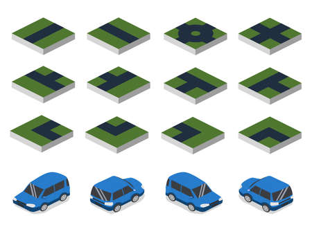 Isometric 3D vector illustration concept set collection road and car. Parts of the road and the machine in different anglesのイラスト素材