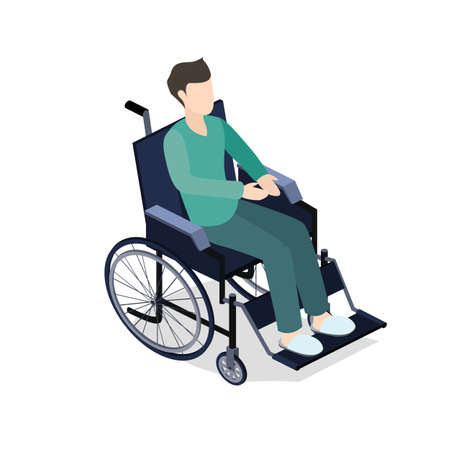Isometric 3D vector illustration patient on a wheelchair. The person is sick.のイラスト素材