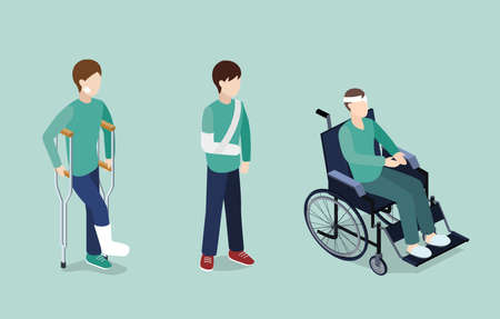 Isometric 3D vector illustration sick patients with fractures and wheelchair. Fracture of arms and legs. The patient is on a wheelchair. People are sick.のイラスト素材