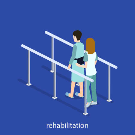 Isometric 3D vector illustration physical rehabilitation after fracture. Physiotherapist deals with treatment with a patientのイラスト素材