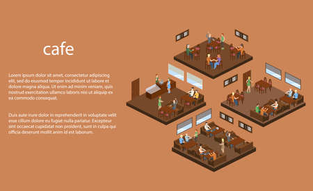 Isometric 3D vector illustration design interior coffee shop, coffee shop with waitresses and visitorsのイラスト素材