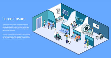 Isometric 3D vector illustration patients waiting room for a doctor. Department of Gynecology, MRI and X-ray roomのイラスト素材