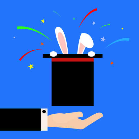 Flat illustration Magician shows the focus of the rabbit in the hatのイラスト素材