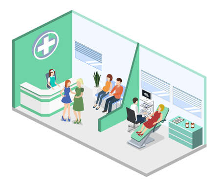 Isometric 3D vector illustration pregnant woman at a doctor's appointment. Doctor examines a pregnant woman by ultrasoundのイラスト素材