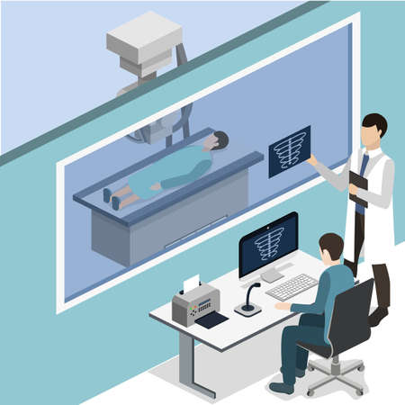 Isometric 3D vector illustration roentgen x-ray study. Diagnosis and search for the disease with magnetic radiation. The doctor scans the patient with x-rayのイラスト素材