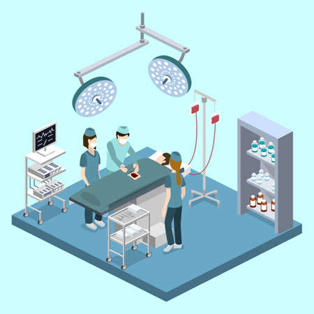 Isometric 3D vector illustration surgeon operates on the patient. The nurse assists the doctor. The doctor is treating the patient.のイラスト素材