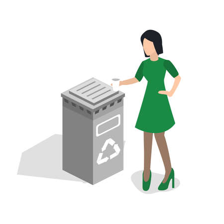 Isometric 3D vector illustration woman throwing garbage into a trash canのイラスト素材